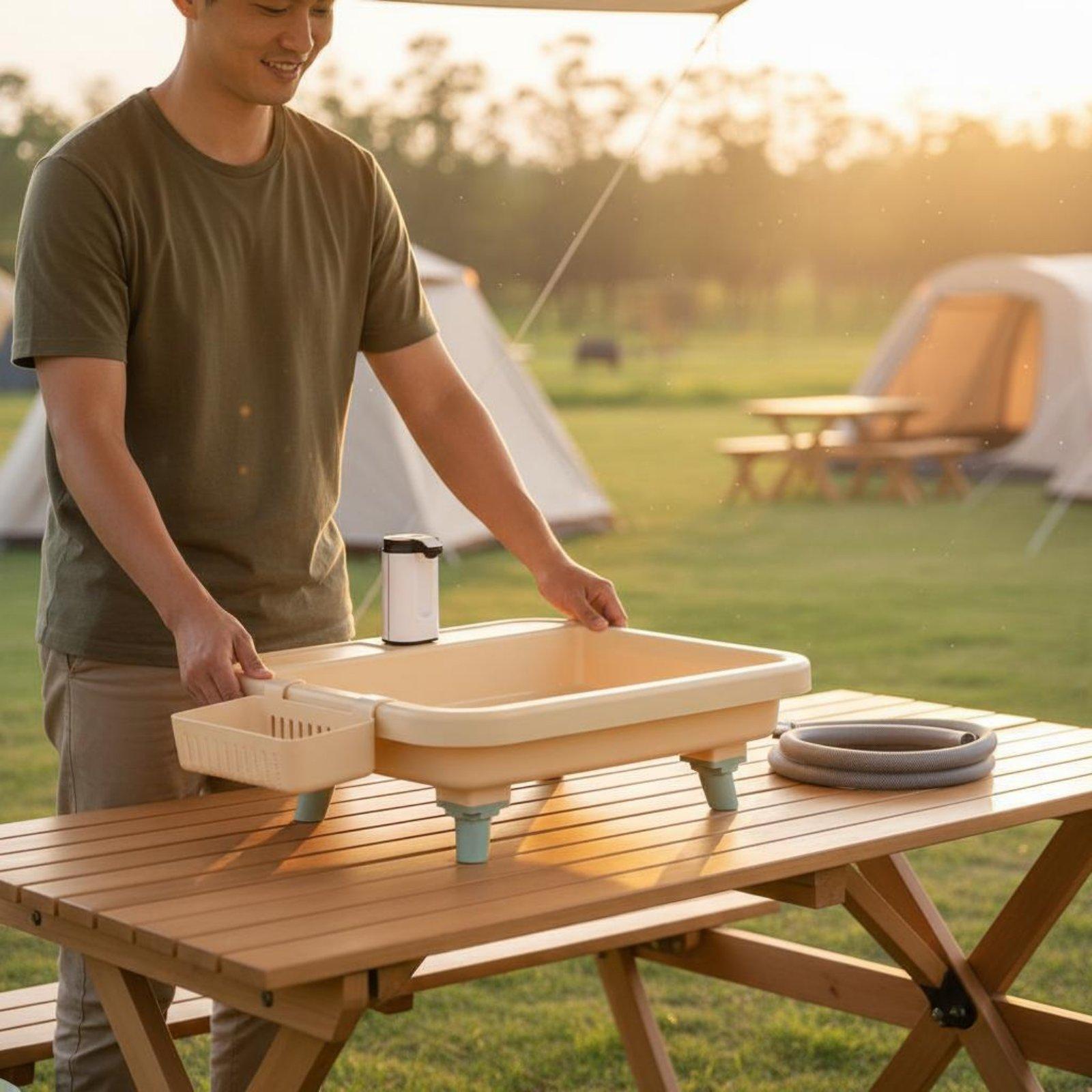 Outdoor Camping - อ่างล้างมือแบบพกพาสำหรับการตั้งแคมป์พร้อมก๊อกน้ำในตัวและโหมดตั้งเวลาสำหรับสถานีล้างมือในการผจญภัยกลางแจ้ง