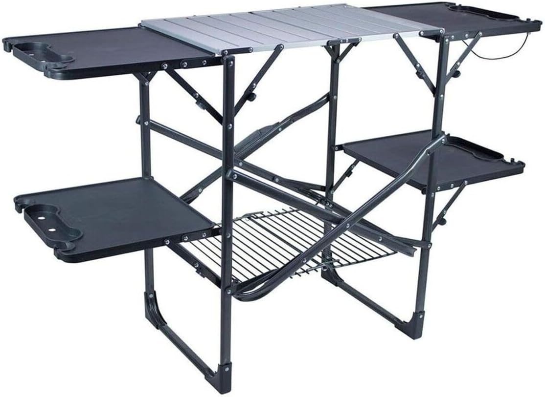 Kitchen Outdoor Camping - โต๊ะครัวพับได้แบบพกพาสำหรับตั้งแคมป์ พร้อมชั้นวางด้านบนทนความร้อน ชั้นวางของ ที่ใส่กระดาษเช็ดมือ สถานีทำอาหารสำหรับปิกนิก ทำอาหารกลางแจ้ง