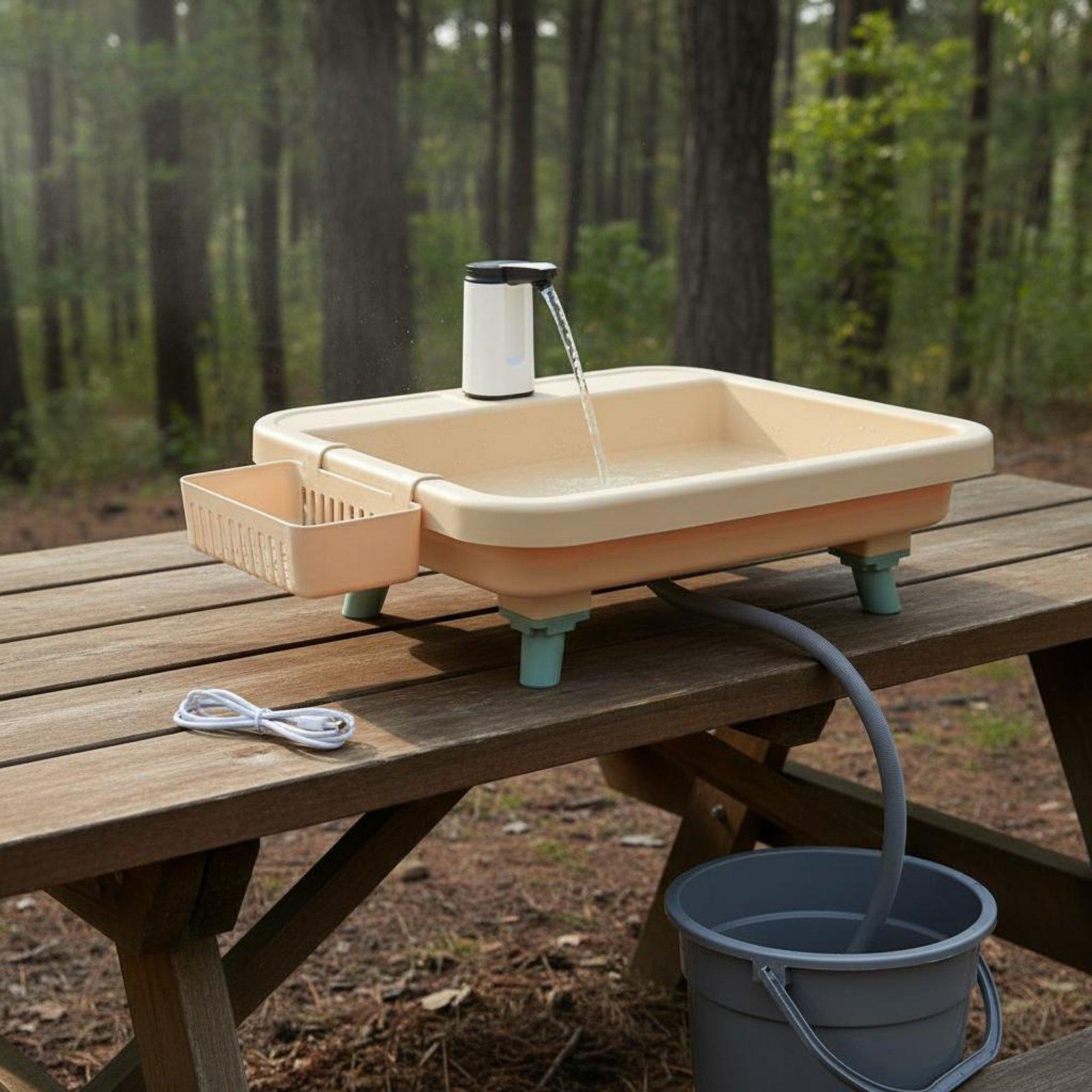 Outdoor Camping - อ่างล้างหน้าแบบพกพาสำหรับตั้งแคมป์กลางแจ้ง พร้อมปั๊มน้ำไฟฟ้าและก๊อกน้ำ สำหรับสวน การเดินทาง และห้องครัว