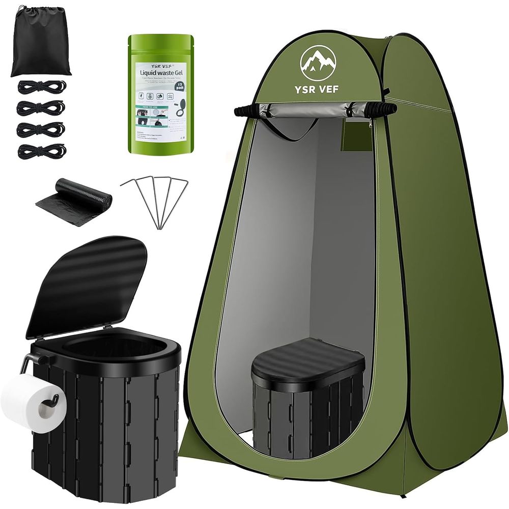 Outdoor Camping - ชุดห้องน้ำพกพา, ห้องน้ำสำหรับตั้งแคมป์พร้อมเต็นท์ปิดแบบพับได้และถุงเจลสำหรับขับถ่าย, ฝักบัวอาบน้ำกลางแจ้งแบบพกพาที่ล้างทำความสะอาดได้