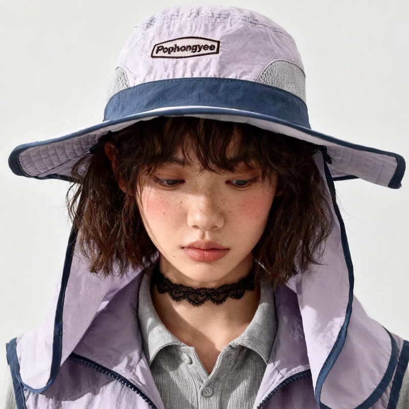 Camping Outdoor Quick Drying Sun Neck Protection Cap Hat - หมวกบักเก็ตตาข่ายเย็บตะเข็บตัดกันแฟชั่น แห้งเร็ว สำหรับผู้หญิง ฤดูร้อน กิจกรรมกลางแจ้ง ป้องกันแสงแดด