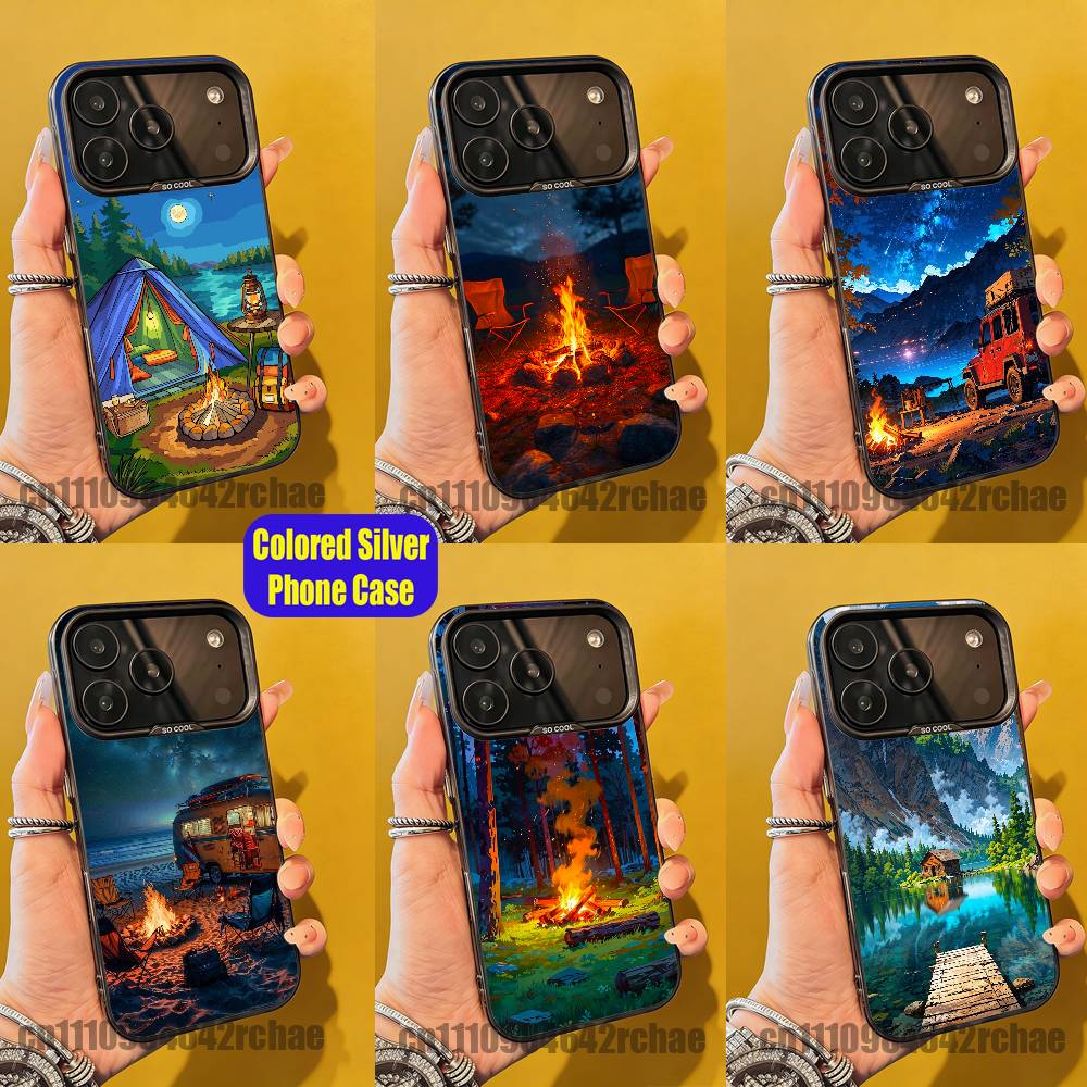 Outdoor Camping Wallpaper - เคสโทรศัพท์ลายวอลเปเปอร์กองไฟสำหรับตั้งแคมป์กลางแจ้ง iPhone 15,12,11,14,13,16,17,E,Max,Plus,Air,Pro,Mini สีเงิน
