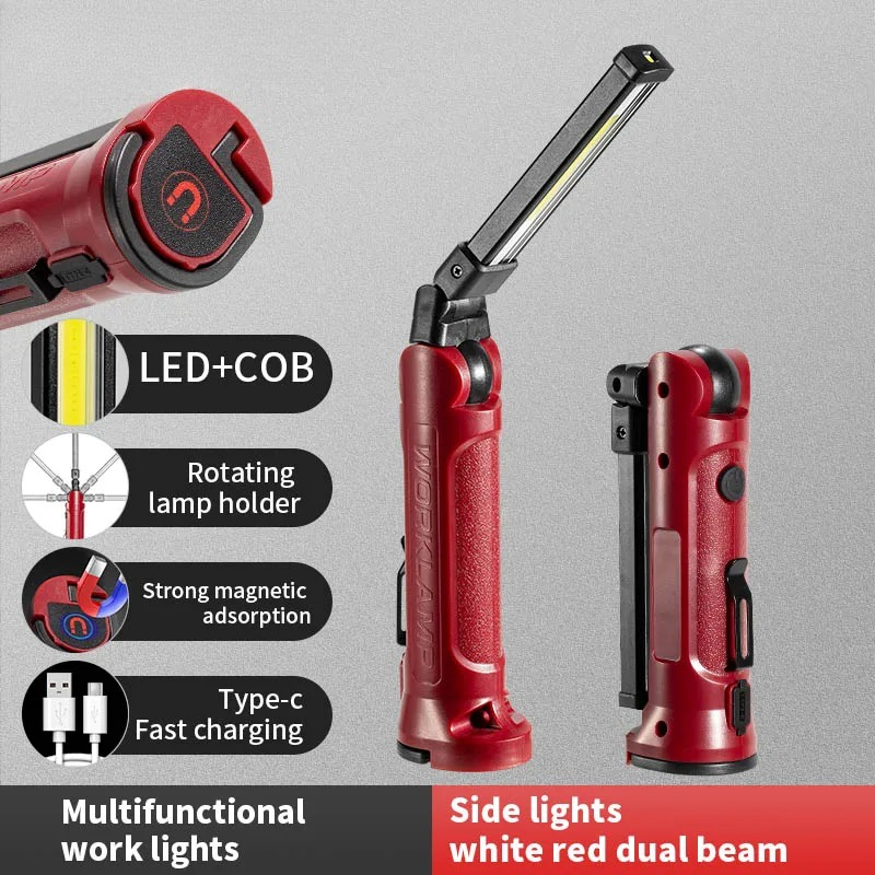 Outdoor Camping Decor - COB LED ไฟทำงานแบบชาร์จไฟได้ไฟฉายพับได้กลางแจ้งแคมป์ปิ้งซ่อมรถยนต์โคมไฟแบบพกพาพร้อมตะขอแขวนแม่เหล็ก