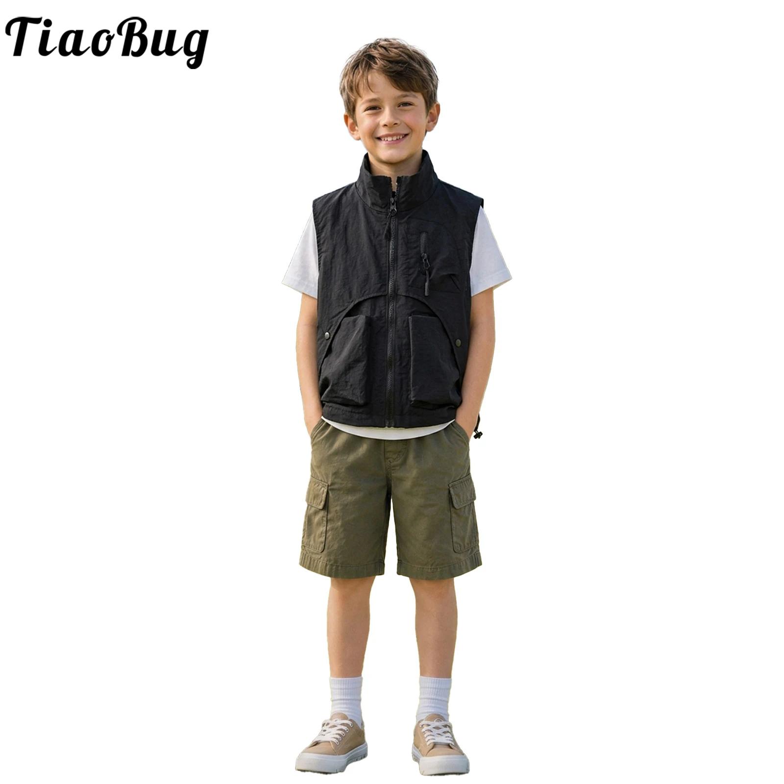 Outdoor Camping Activities For Kids - เสื้อกั๊กคาร์โก้ซิปแฟชั่นสำหรับเด็กผู้ชาย คอตั้ง แขนกุด เสื้อคลุมสำหรับเดินป่า ตกปลา ตั้งแคมป์