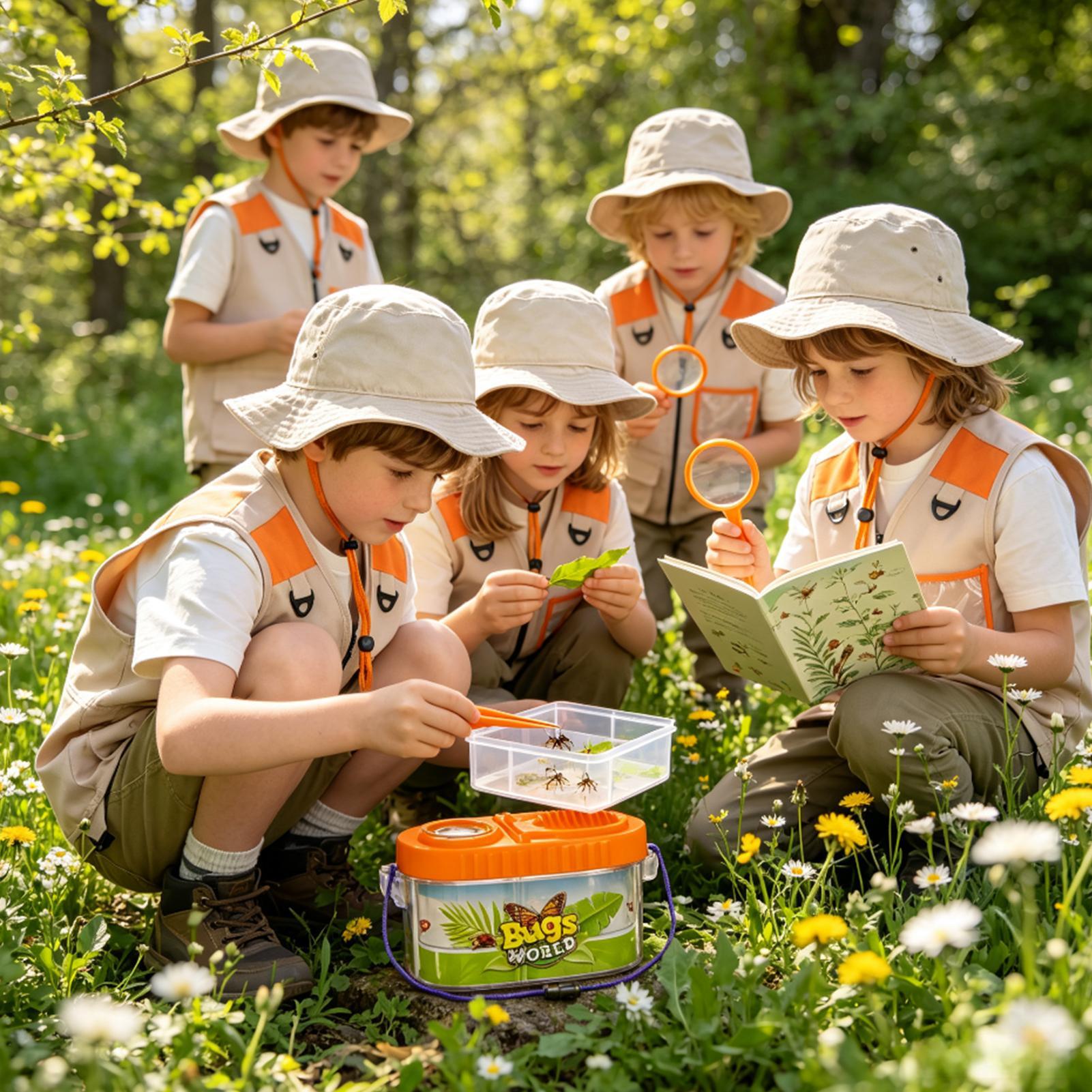 Outdoor Camping Activities For Kids - ชุดอุปกรณ์ผจญภัยสำหรับเด็กพร้อมแว่นขยาย หมวกน้ำหนักเบา ชุดวิทยาศาสตร์สำหรับเด็ก ชุดจับแมลงและตั้งแคมป์สำหรับเด็กชายและเด็กหญิงสำหรับกิจกรรมกลางแจ้ง