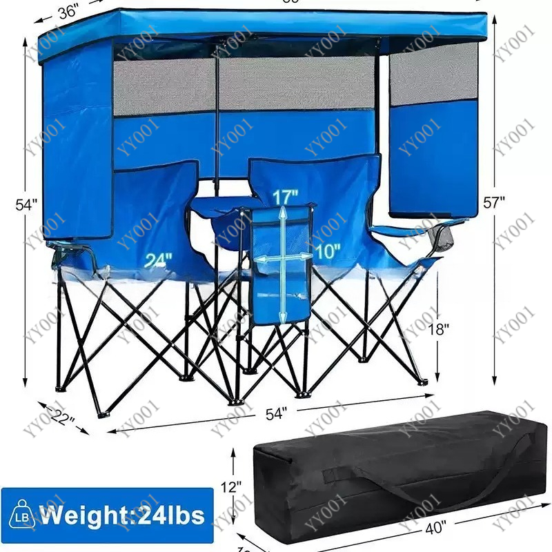 Outdoor Camping Folding Chairs - เก้าอี้พับได้แบบพกพาสองที่นั่ง พร้อมร่มบังแดดและกระเป๋าเก็บความเย็น สำหรับปิกนิก ตกปลา และกิจกรรมกลางแจ้ง