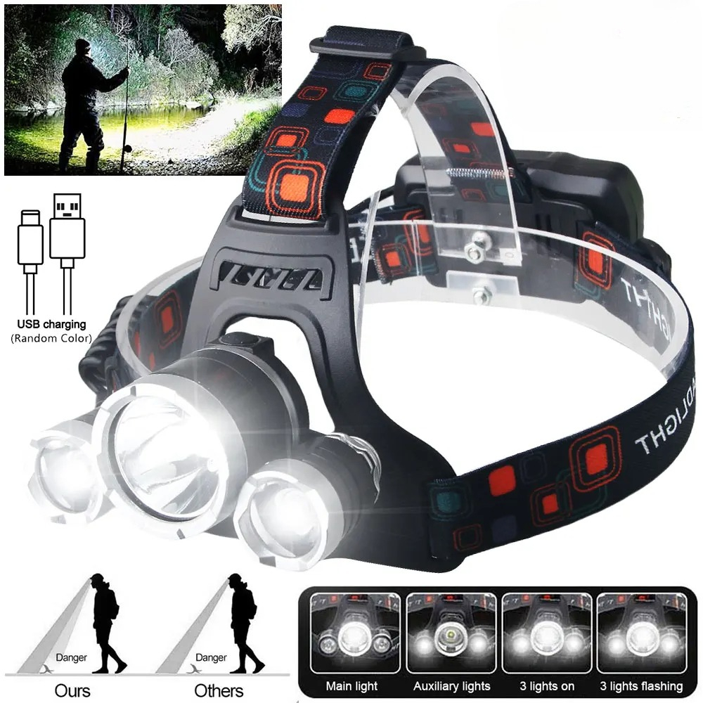 Outdoor Camping Decor - ไฟฉายคาดศีรษะ LED กำลังสูง แบตเตอรี่แบบชาร์จ 18650 90